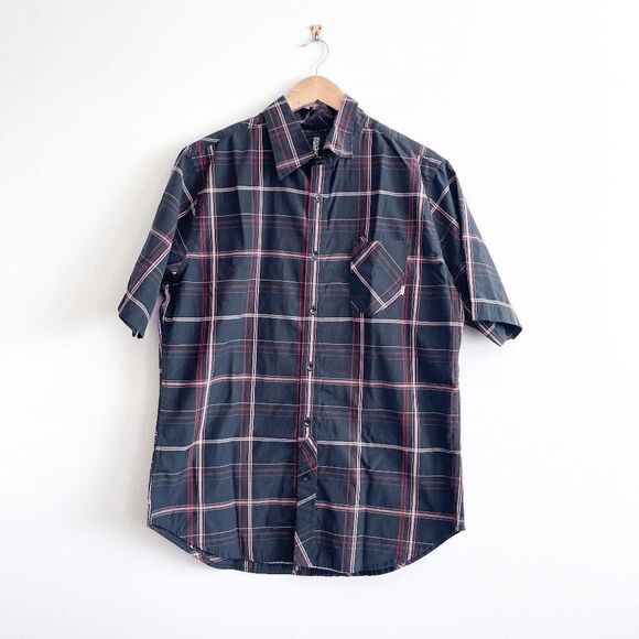 Billabong Mens Casual Button Down Shirt Plaid Short Sleeve Black Red XL - Picture 1 of 6
